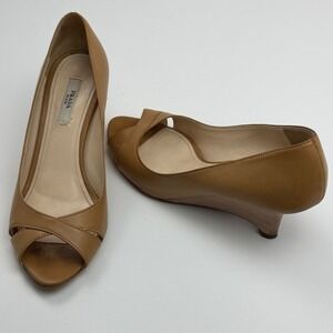 Prada Milano Women's Size 36.5 Tan Leather Peep Toe Wedge Heels Made in Italy
